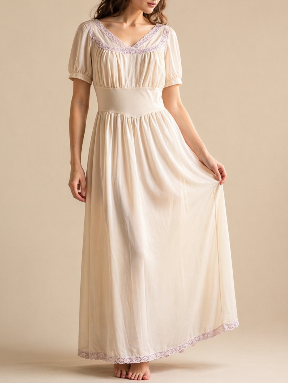 Vintage 1950s Rogers Cream Lace Nylon Tricot Maxi Slip Dress Women's L Prairie